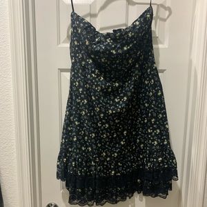 Torrid navy and floral print strapless tea length dress